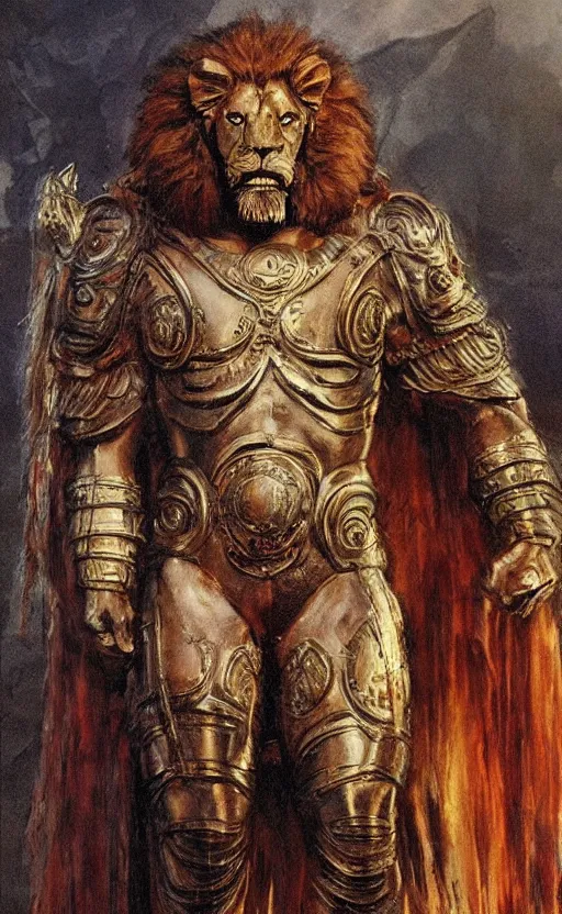 Image similar to hercules in lion ornamented armor, wearing cape, beksinski, hercules concept art, weta workshop concept art