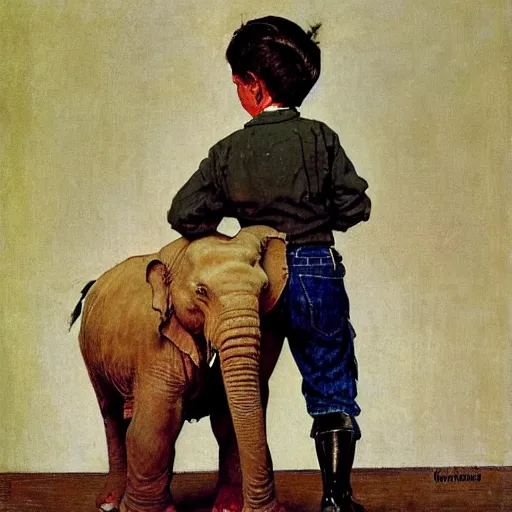 Image similar to a Norman Rockwell painting of a boy and his pet elephant