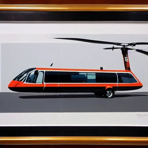 Image similar to concept art for helicopter + bus, painted by syd mead, high quality