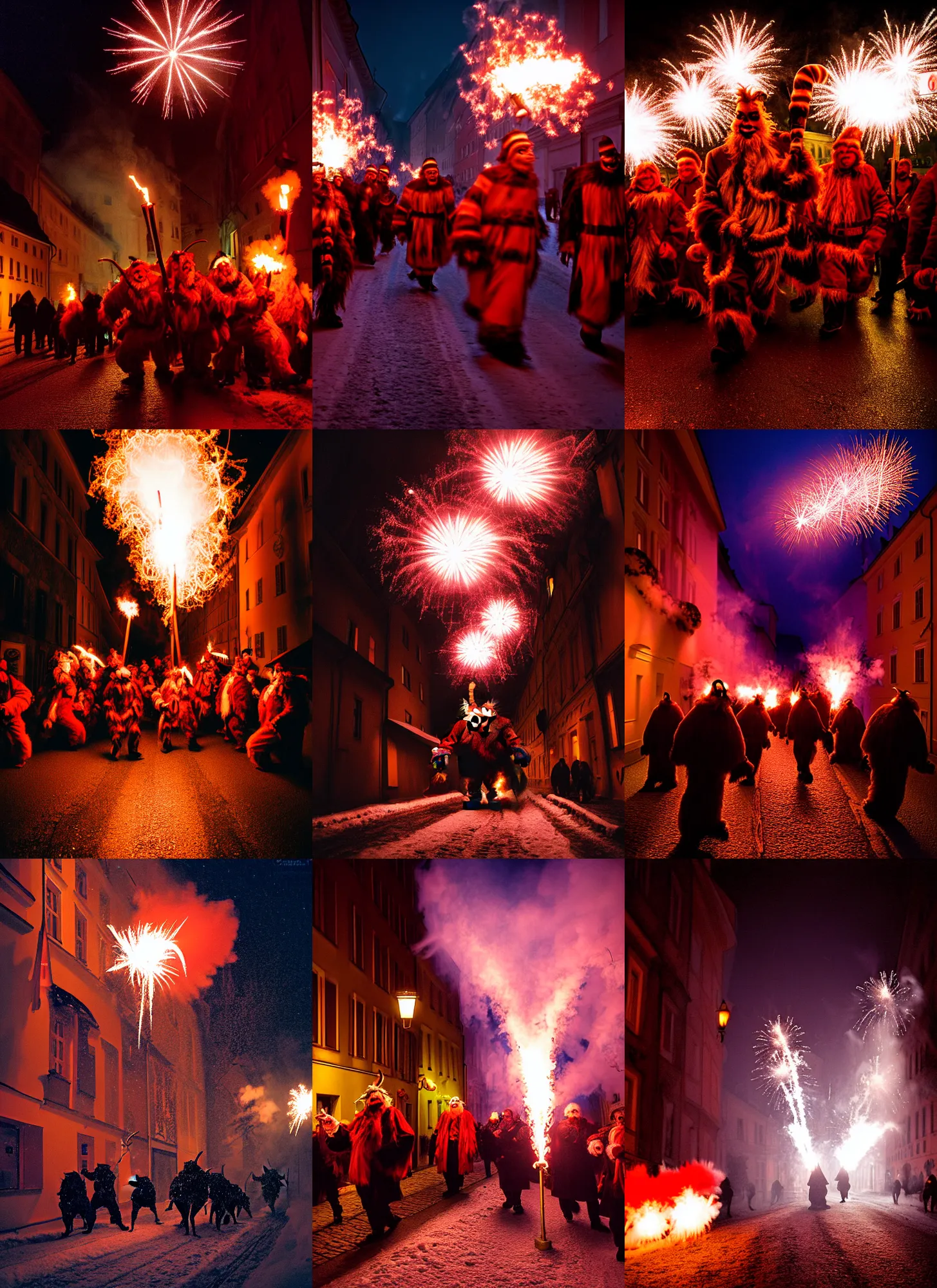 Image similar to kodak portra 4 0 0, winter, hellfire, award winning dynamic photograph of a bunch of hazardous krampus by robert capas, motion blur, in a narrow lane in salzburg at night with colourful pyro fireworks and torches