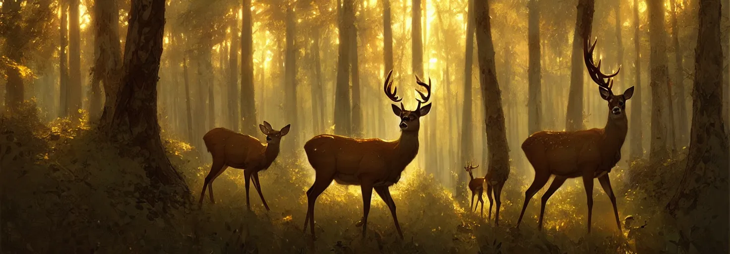 Image similar to Deer in Sherwood Forest, full frame, highly detailed, digital painting, artstation, concept art, smooth, sharp focus, illustration, art greg rutkowski and alphonse mucha