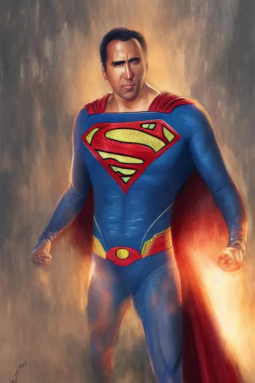 Image similar to Nicolas Cage as superman, dark cinematic lighting, intricate, elegant, highly detailed, digital painting, artstation, painted by Artgerm and Mark Waid and Greg Rutkowski