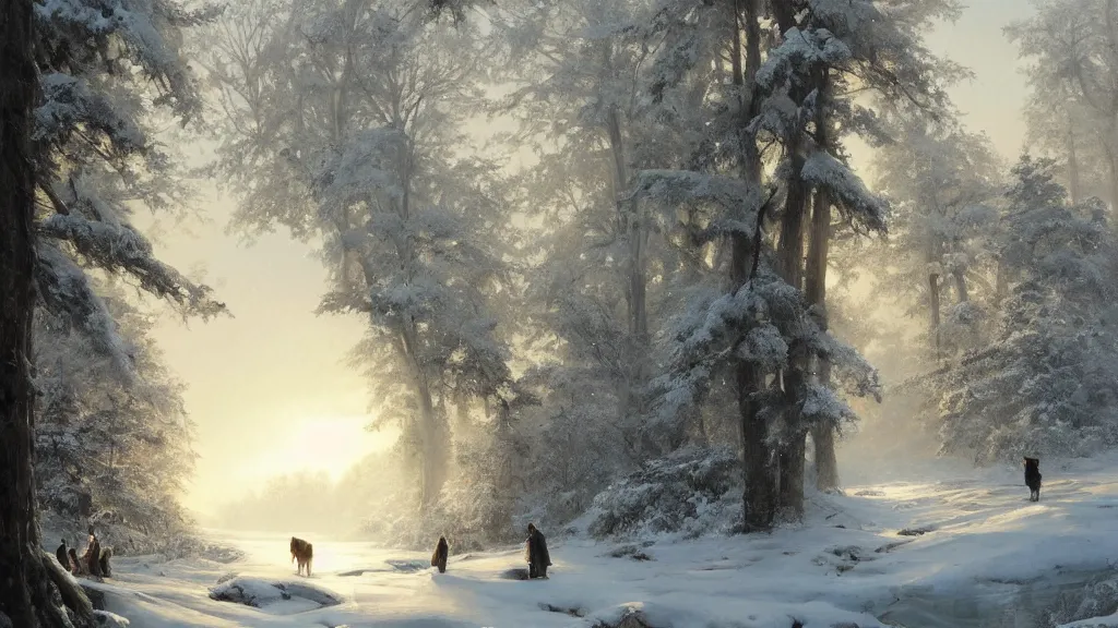 Image similar to the most beautiful panoramic landscape, oil painting, where a giant dreamy waterfall is frozen, the trees around have snow over their leafs, some majestic deers are in close - up and they are exhaling steam, the ray lights of the sunrise are brightening him, by greg rutkowski