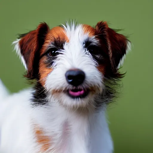 Prompt: a high quality photograph of a scruffy long haired jack russell terrier puppy, white with chocolate brown spots, brown patches over both eyes. friendly, curious expression.