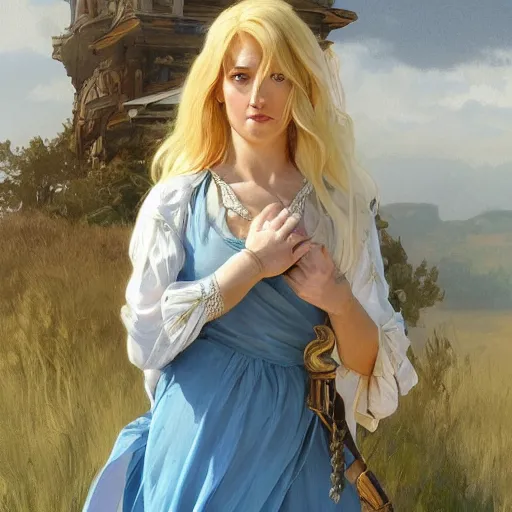 Prompt: full figure ultra realistic illustration, jeffrey wright wearing a maiden blue dress, blonde flowy hair, old west, intricate, elegant, highly detailed, digital painting, artstation, concept art, smooth, sharp focus, illustration, art by artgerm and greg rutkowski and alphonse mucha