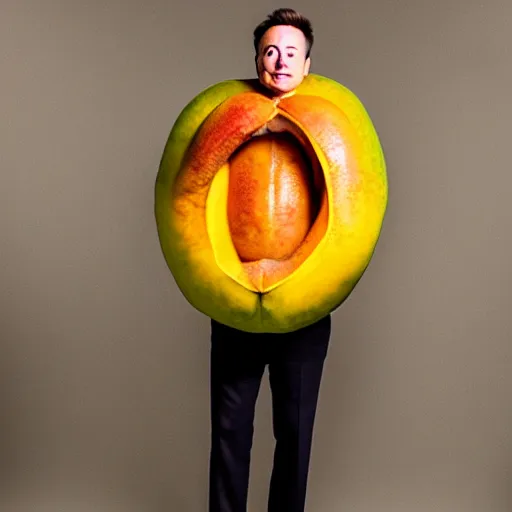 Image similar to photo of elon musk cosplaying as a mango fruit costume, highly detailed, extremely high quality, hd, 4 k, 8 k, professional photographer, 4 0 mp, lifelike, top - rated, award winning, cinematic, realistic, detailed lighting, detailed shadows, sharp, no blur, edited, corrected, trending