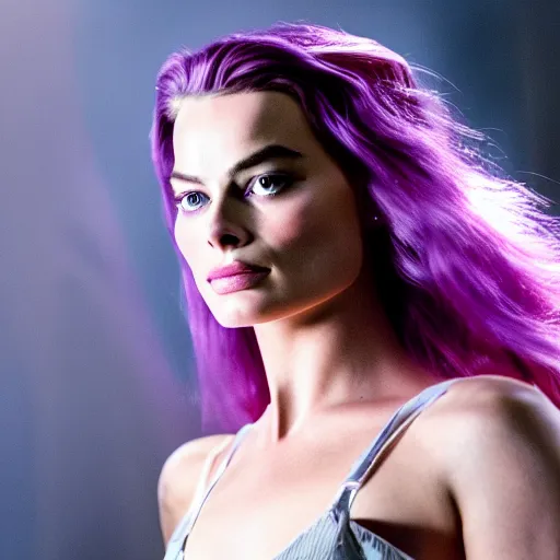 Image similar to an award winning cinematic still of beautiful Margot Robbie Wolverine with long purple hair in , 16k hyper realistic photograph, centered, dramatic lighting