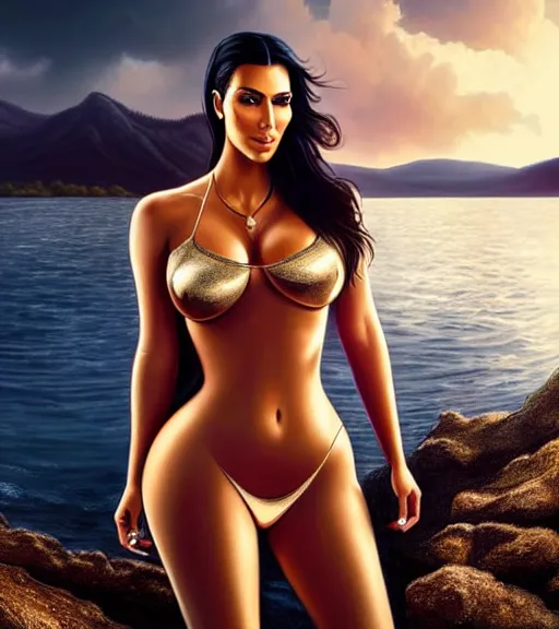 Image similar to professional photo of kim kardashian wearing a hooters outfit, posed by a lake, intricate, elegant, highly detailed, cinematic, instagram, sleek, smooth, sharp focus, illustration, by artgerm and greg rutkowski and alphonse mucha
