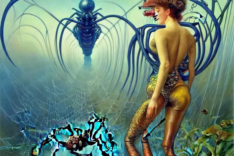 Image similar to realistic extremely detailed portrait painting of a fully dressed woman with a giant spider, futuristic sci-fi landscape on background by Amano, Yves Tanguy, Alphonse Mucha, Ernst Haeckel, Edward Robert Hughes, Roger Dean, rich moody colours, blue eyes