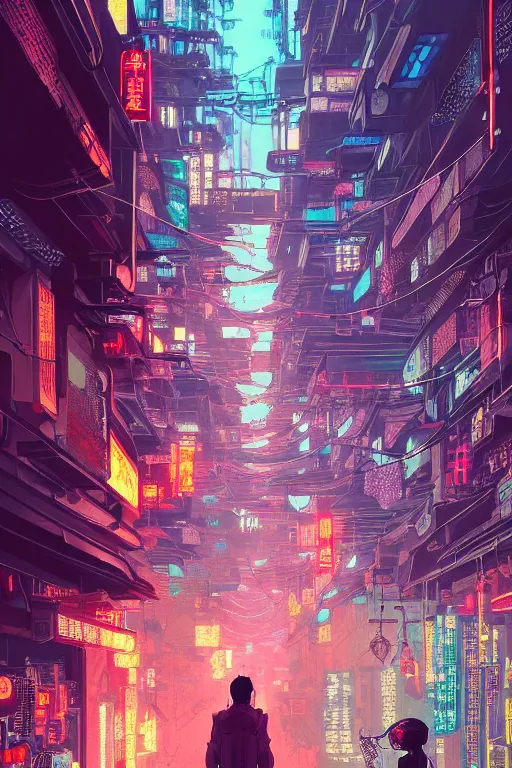 Image similar to a beautiful hyperdetailed matte 4 k hd wallpaper illustration victo ngai cyberpunk style of absolutely beautiful cyberpunk town, from china, perfectly shaded, atmospheric lighting, style of studio ghibli, makoto shinkai, raphael lacoste, louis comfort tiffany, artgerm, james jean, ross tran, chinese style