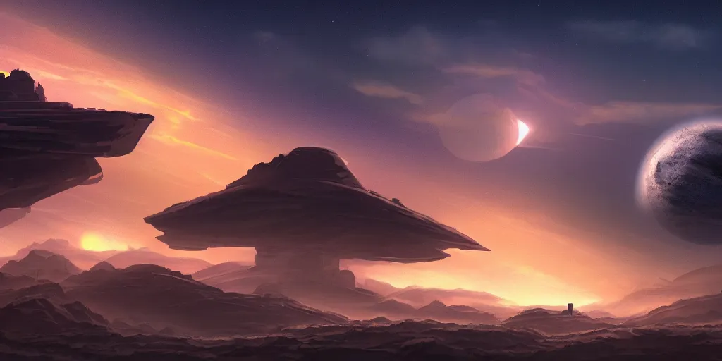Prompt: pixel art huge dark space ship flies over on an alien planet, sci - fi, two suns in the sky, sunset, strange rock formations, rolling hills, atmospheric, misty, artstation, deviantart