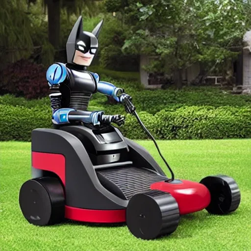 Prompt: a robot lawn mower looking like batman