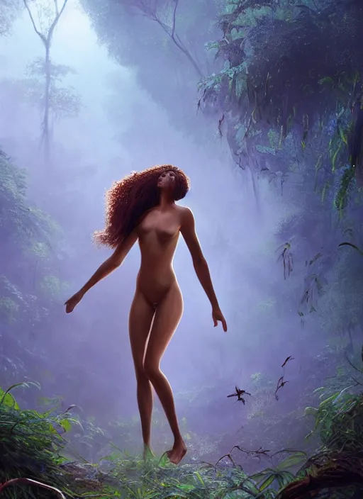 Image similar to elegant full body beautiful mulatto caught by a predatory plant venus flycatcher in jungle, gorgeous, intricate, elegant, volumetric lighting, scenery, digital painting, highly detailed, artstation, sharp focus, illustration, concept art, ruan jia, steve mccurry, ultra detailed painting at 16K resolution and epic visuals. epically surreally beautiful image, amazing effect, image looks crazily crisp as far as it's visual fidelity goes, absolutely outstanding, vivid clarity. ultra. iridescent, mind-breaking, mega-beautiful pencil shadowing. beautiful face, Ultra High Definition, process twice.