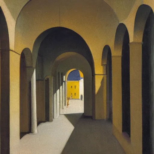 Image similar to in the distance, a little girl with short black hair and wearing a yellow coat alone in the inner courtyard of a cloister in an abbey, the light is bright and wintry, painting by hopper and de chirico