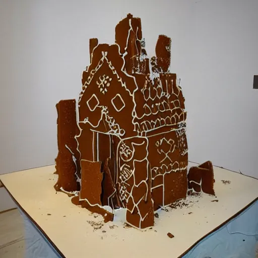 Prompt: dilapidated ruined city made of gingerbread, wreckage of a full - sized towering gingerbread cityscape, dramatic, award - winning photography