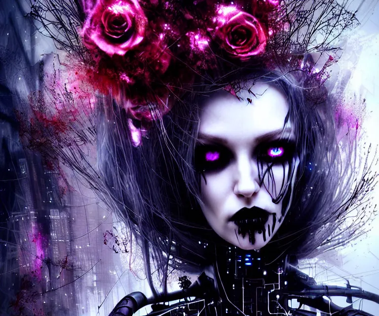 Prompt: stunning gothic hybrid female cyborg wearing cyber clothes, mysterious, atmospheric, ominous, eerie, cinematic, epic, 8 k, ultra detail, ultra realistic, rendered by awesomeness. | nights falling wind is blowing snow is pilling concept art in style of carne griffiths artwork by xsullo. | background of beautiful flowers floatingby elson, peter kemp, peter