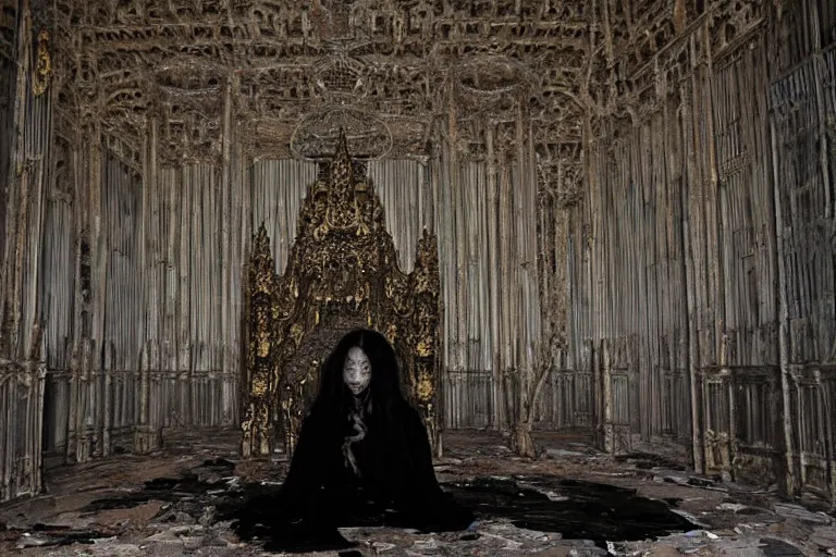 Image similar to vampire queen sitting on a throne in the abandoned buddhist temple, omnious, eerie, magnificent, wow, intricate, by nicola samori, by ryoji ikeda