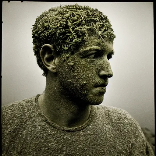 Prompt: Award-winning photograph by Paul Strand. The photo depicts a decaying roman bust of Mark Zuckerberg overgrown with moss at the bottom of the sea in the middle of ruins of civilization. Ruins. Minimalism, high definition, perfect composition. Deep sea picture. Very dark. Volumetric Lighting. Fish. Darkness. Ruins