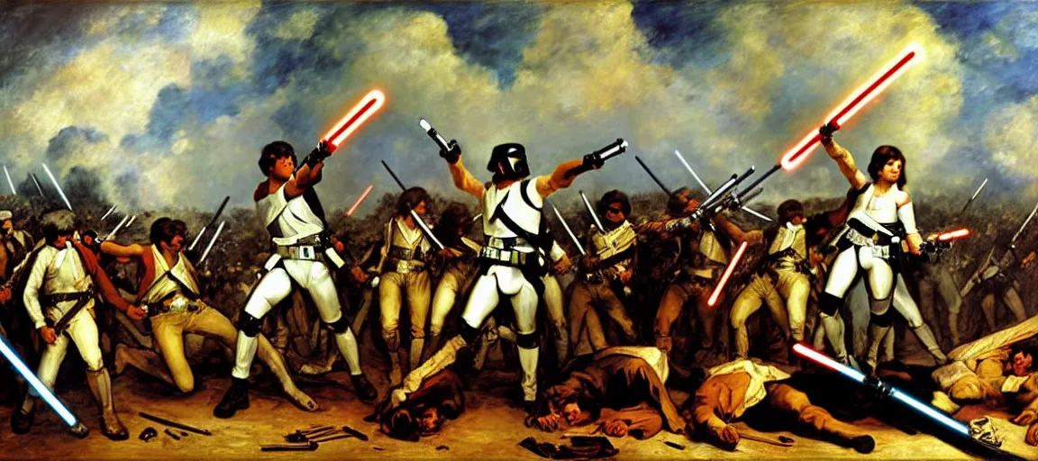 Prompt: liberty leading the people, french revolution, eugene delacroix, jedi, lightsaber, ewoks, at - st, tie - fighter, endor forest, oil on canvas