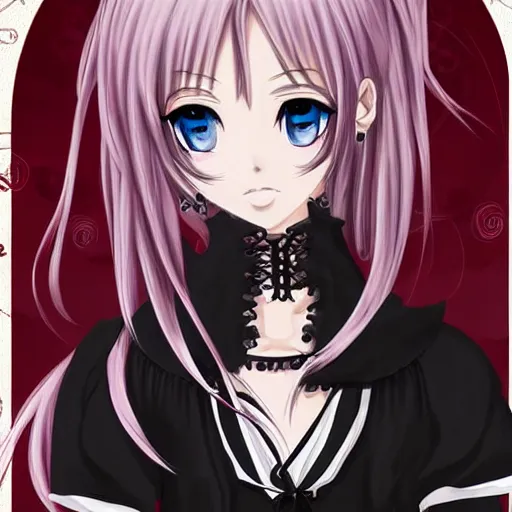 Image similar to beautiful illustration of anime maid, stunning and rich detail, pretty face and eyes. Gothic style, clear and perfect anatomy