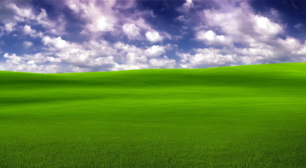 Prompt: Bliss Windows XP default wallpaper, realistic matte painting,