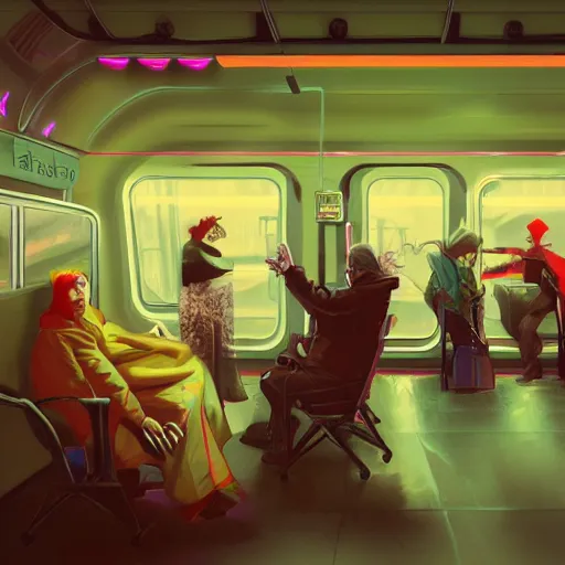 Image similar to fight between grandmas in the train moscow-ryazan, cyberpunk, neon, concept art