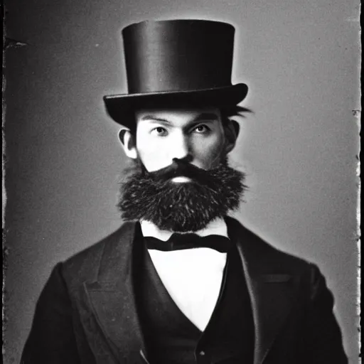 Image similar to A photograph portrait of Jerma985 in the mid-late 1800s with a top hat and beard, taken in the mid-late 1800s, grainy, taken on a Field View Camera, realistic, hyperrealistic, very realistic, highly detailed, very detailed, extremely detailed, detailed, digital art, trending on artstation