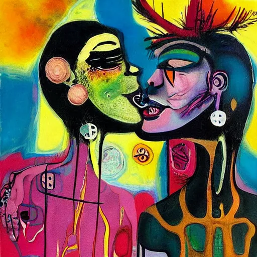 Image similar to beautiful painting of two bizarre psychedelic goth women kissing each other closeup in a cafe in japan, speculative evolution, mixed media collage by basquiat and jackson pollock, magazine collage art, sapphic art, lesbian art