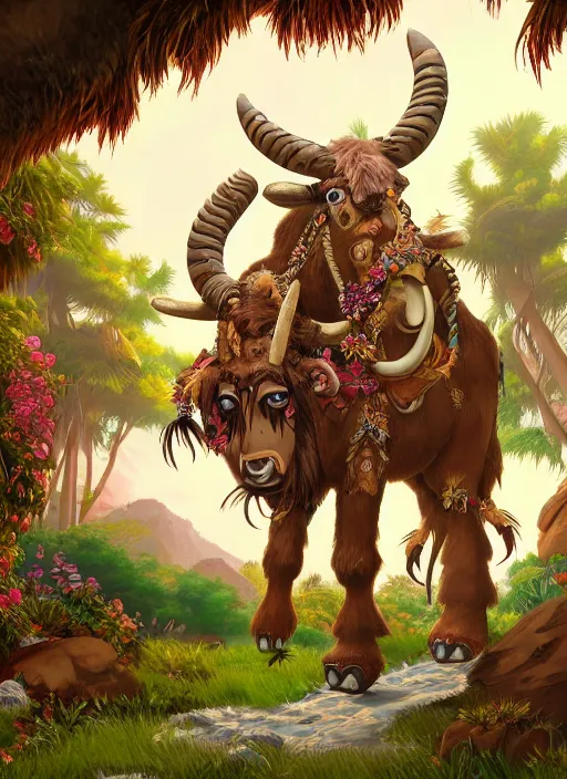 Image similar to brown paper + an intricate tauren depiction + elaborate illustration, very detailed, deviantart, 8 k vertical wallpaper, tropical, colorful, airy, anime illustration, nature