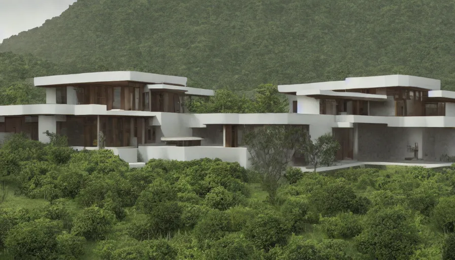 Prompt: villa inspired by tibetan architecture, on a green hill, overlooking a valley with trees, by sant ’ elia frank lloyd wright, zaha hadid, le corbeusier, photorealistic, ray tracing, unreal engine 5, dlsr, 2 4 mm, birds eye view