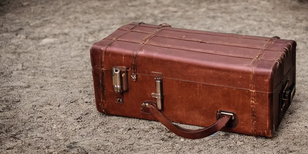 Image similar to a brown leather suitcase that carries a small time machine, cinematic, 8 5 mm lens, shot on arri alexa