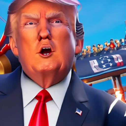 Prompt: Donald trump in Fortnite game, realistic artstyle, wide shot, dramatic lighting, octane render, hyperrealistic, high quality, highly detailed, HD, beautiful, cinematic, 8k, unreal engine, facial accuracy, symmetrical