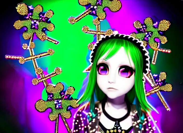 Image similar to baroque bedazzled gothic royalty frames surrounding a hologram of decora styled green haired yotsuba koiwai wearing a gothic spiked jacket, background full of lucky clovers, crosses, and shinning stars, holography, irridescent