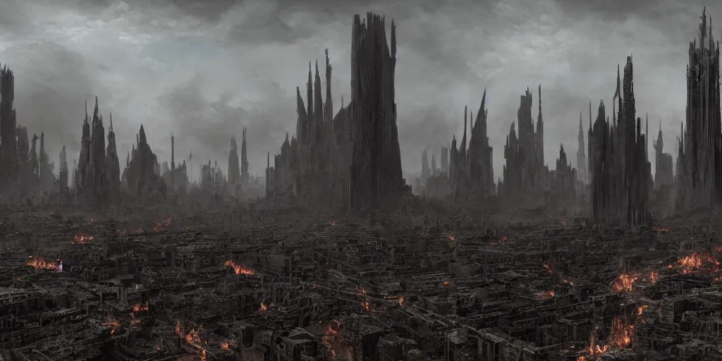 Prompt: intricate matte painting of grey apocalyptic burned landscape, phallic shaped towers in backgound, by james gurney, unreal engine, trending on artstation.