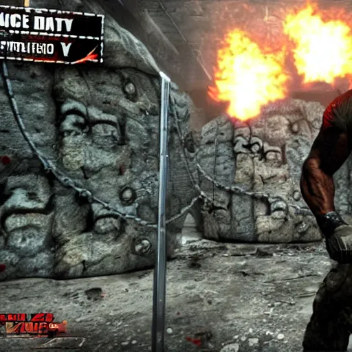 Image similar to dwayne the rock johnson, dwayne the rock johnson in the call of duty zombies map tranzit, black ops 2 tranzit, screenshot