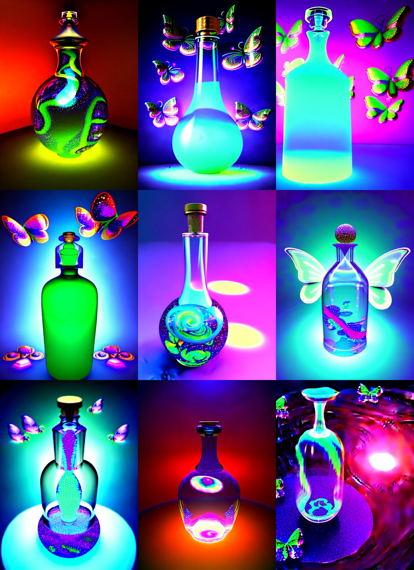 Prompt: retro 3 d rendered raytraced crystal glowing potion bottle with magic sparkles the style of ichiro tanida, the background is a a psychedelic swirly orbs with 3 d rendered butterflies and 3 d rendered flowers n the style of early cg graphics, micha klein, 3 do magazine, 3 d artstation,