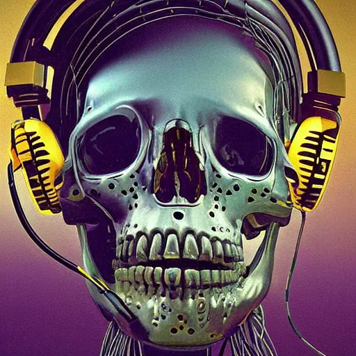 Image similar to a painting by Thomas Cole of a vaporwave robot skull wearing headphones connected with many wires and coords to an old computer terminal, highly detailed chromatic 3d rendering from 1996