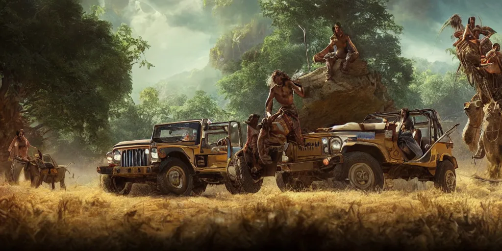 Image similar to Mahindra thar, tribe members attacking, action scene, Lively sunny landscape of a kerala village realistic detailed digital art by Maxwell Boas Jessica Rossier Christian Dimitrov Anton Fadeev trending on Artstation CGSociety rendered in Unreal Engine 4k HQ