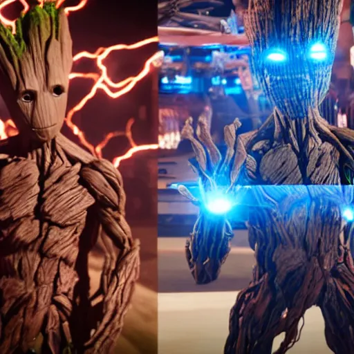 Image similar to groot and optimus prime in techno party among people dancing, wide shoot, after effect ultra realistic 3 d