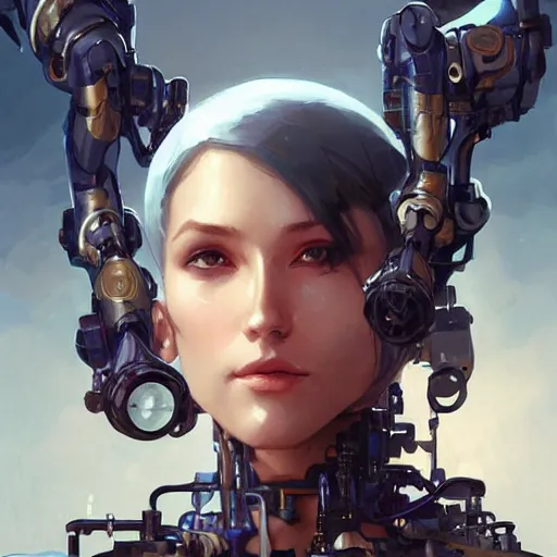 Image similar to female robot, cybernetic paintbrush, robotic arm, incredibly detailed face, pretty face, true anatomy, art by artgerm and greg rutkowski and alphonse mucha
