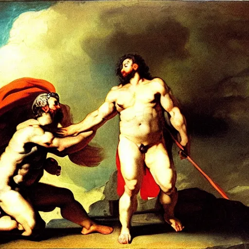 Image similar to zeus vs thor by francisco goya, mythological painting, oil painting