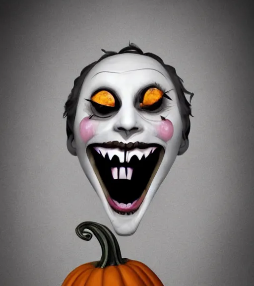 Prompt: a tim burton illustration of a spooky carved pumpkin face, laughing menacingly, overexaggerated facial expression, detailed game art illustration, creepy lighting, 4 k artstation, masterpiece