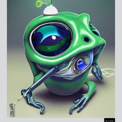 Image similar to plasticine wet shiny angle, crystal, moonlit, mirrors, camera angled dramatically, realistic, a hyperdetailed design of pepe the frog drinking coffee, wearing blue shirt, ferocious, chinese mythology, victo nga, fumo yoshitoshi, ren jing jeong, feifei ruan, peter mohrbacher, takato yamamoto