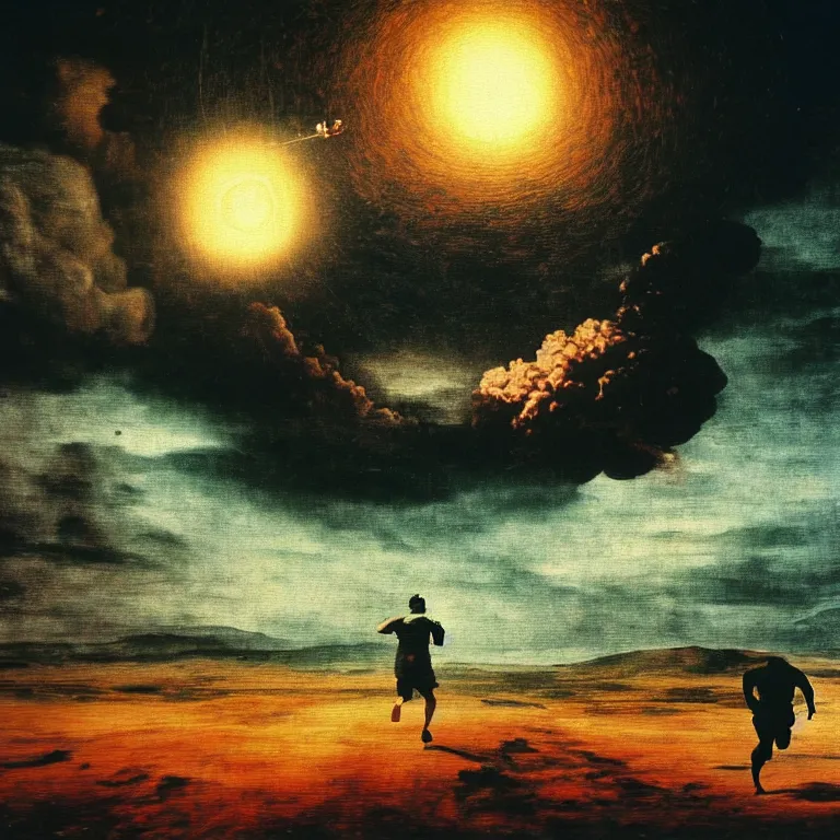 Image similar to man running away from atomic bomb explosion, selfie gopro footage by hieronymus bosch, action footage, disposable camera, fisheye, landscape portrait surreal painting, perfect composition, beautiful detailed intricate octane render, artstation, 8 k, photorealistic, volumetric cinematic light, chiaroscuro, masterpiece, raphael, bosch, caravaggio, beksinski, giger