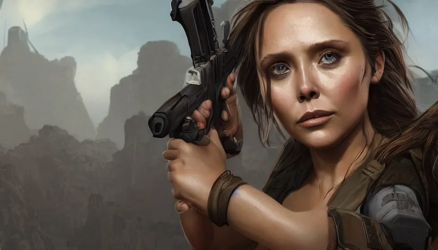 Image similar to elizabeth olsen is lara croft from tomb raider, grey background, hyperdetailed, artstation, cgsociety, 8 k