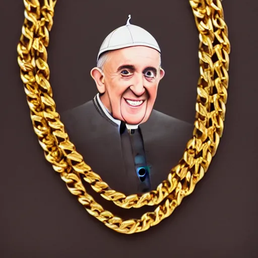 Image similar to portrait of a pope, wearing gold gangster chains, with gold teeth, studio portrait, studio lighting, studio photography, 5 0 mm, 4 k