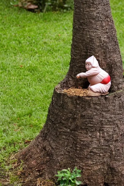 Prompt: a living garden gnome poking her head up out of a stump