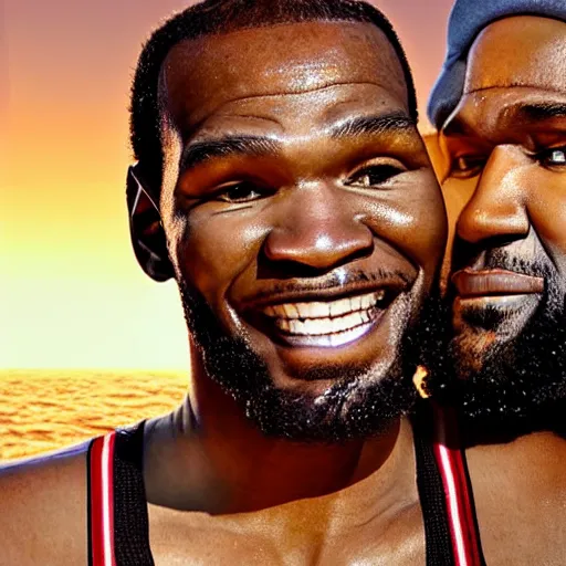 Image similar to beautiful serene intricate portrait of kevin durant and lebron james taking a selfie, smiling softly, relaxing on the beach, golden hour, soft focus, 8 k, art by irakli nadar, hyperrealism, hyperdetailed, ultra realistic