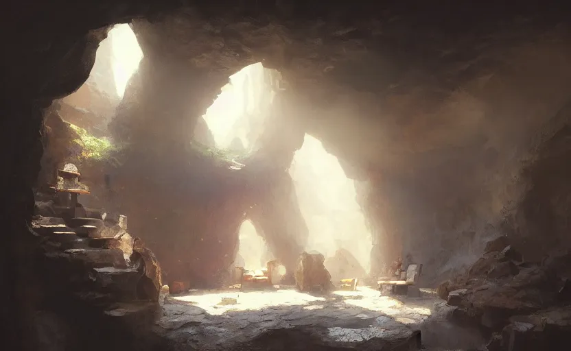 Image similar to painting of an interior of a cozy bedroom in a cave, small hot spring and waterfall in a connected room, natural light, fantasy, natural light, concept art, by greg rutkowski and craig mullins, cozy atmospheric and cinematic lighting, trending on artstation