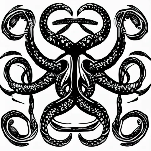 Image similar to an emblem containing a kraken in the center, with snakes as tentacles, 4k